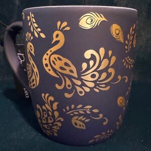 Dwell Studios Rich Navy Blue and Gold Peacock Soft Touch Coffee Mug
